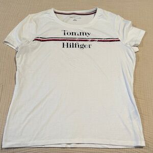 Tommy Hilfiger White Tee with Logo and Stripes Medium